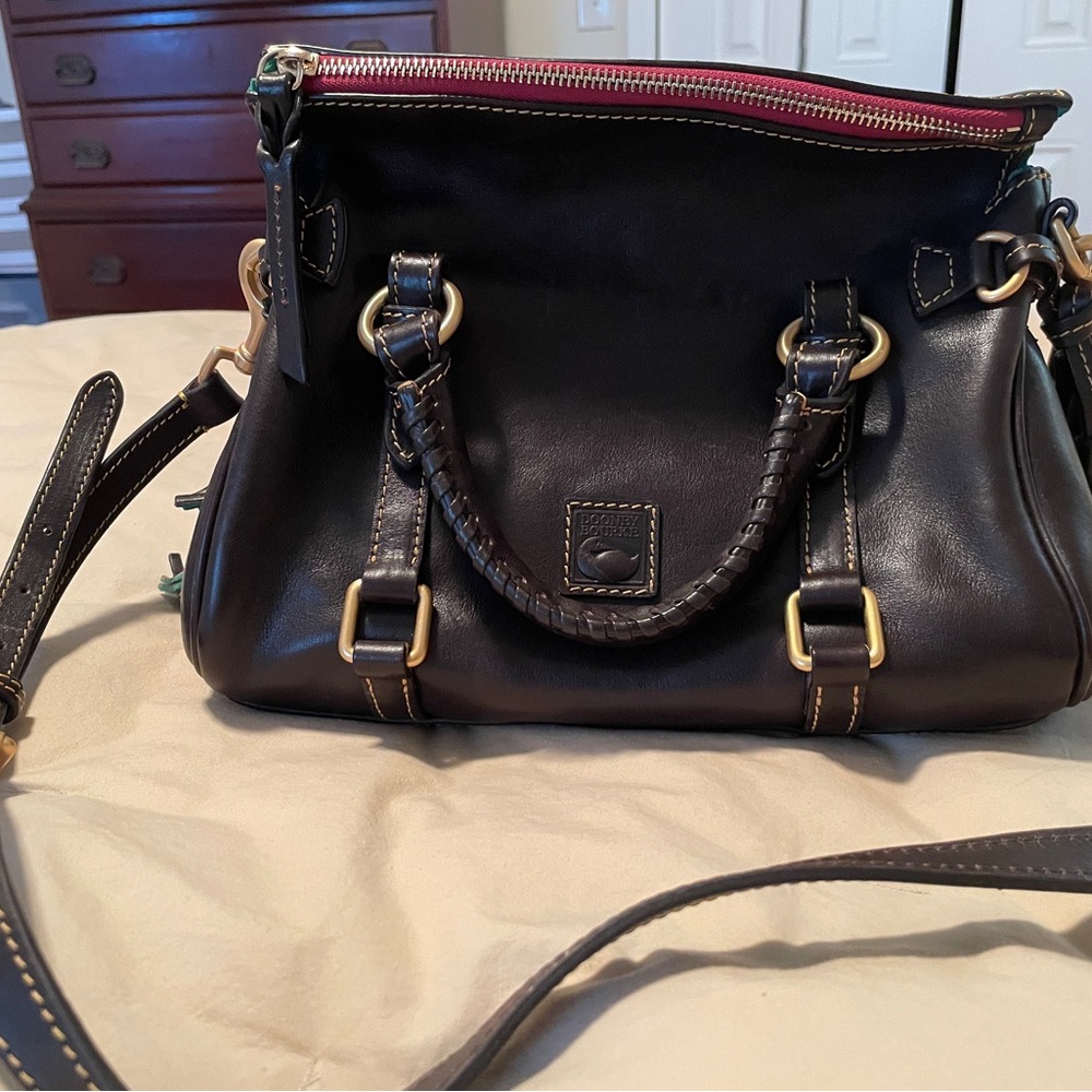 Dooney & Bourke brown florentine leather mini satchel with red interior